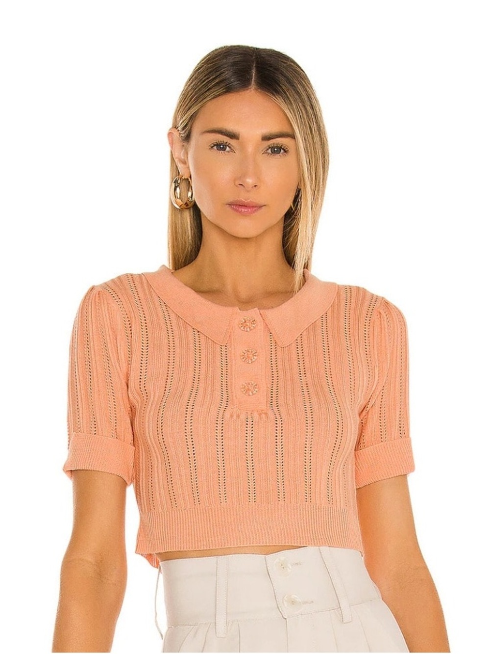 For Love & Lemon Women size Small Pointelle Polo Top Knit Lightweight